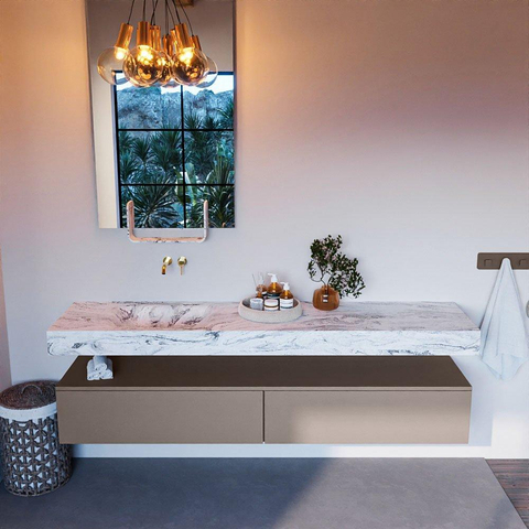 Mondiaz ALAN-DLUX Ensemble de meuble - 200cm - meuble Smoke mat - 2 tiroirs - Lavabo Cloud Glace suspendu - vasque Gauche - 0 trous de robinet SW805151