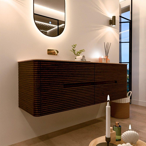Mondiaz CIRO-DLUX Meuble de salle de bains - 150x45x50cm - Plan vasque Solid surface Saba - 1 lavabo à gauche - sans trous de robinetterie - 4 tiroirs - Noyer SW1530711