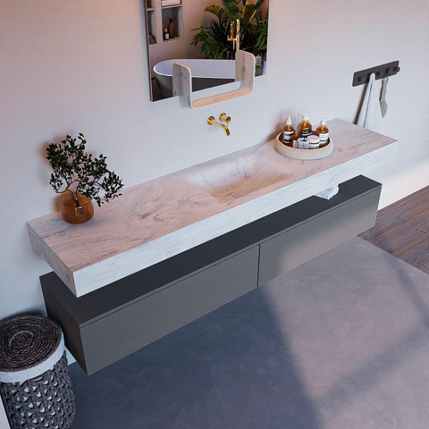 Mondiaz ALAN-DLUX Ensemble de meuble - 200cm - meuble Plata mat - 2 tiroirs - Lavabo Cloud Opalo suspendu - vasque Centre - 0 trous de robinet SW806693