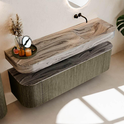 MONDIAZ THOR-DLUX 160cm meuble de salle de bains arrondi gauche + droite couleur Shadow avec 1 tiroir et 2 portes. Vasque suspendue CLOUD Droite sans trou de robinet couleur Sombra. SW1465397