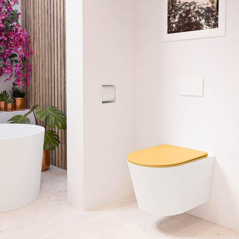 Mondiaz LAVIE hangtoilet – spoelrandloos – 36 x 53 cm – met softclose zitting – Talc (wit), zitting Ocher (geel) SW1208681