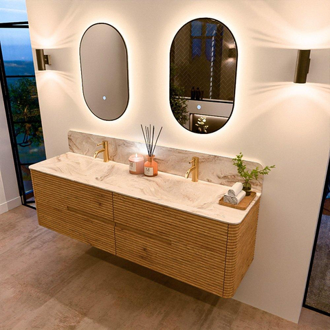 Mondiaz CIRO-DLUX Badkamermeubelset - 170x45x50cm - Solid surface wastafel Frappe - 2 wasbak Dubbel - 2 kraangaten - 4 lades - Oak SW1530895