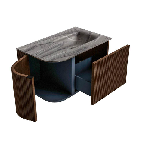 MONDIAZ KURVE-DLUX Meuble de salle de bains 75cm courbe à gauche couleur Walnut avec 1 tiroir et 1 porte. Lavabo GRUNNE à droite sans trou de robinet Sombra. SW1433623