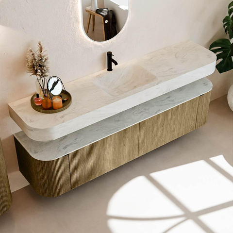 MONDIAZ THOR-DLUX 190cm meuble de salle de bains arrondi gauche + droite couleur Dusk avec 2 tiroirs et 2 portes. Vasque suspendue CLOUD Milieu 1 trou de robinet couleur Opalo. SW1466468