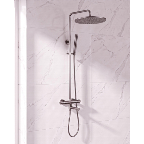Fortifura Calvi Regendoucheset - thermostatisch - 30cm hoofddouche - gladde slang - staaf handdouche - draaibare baduitloop - Geborsteld Gunmetal PVD SW1592483