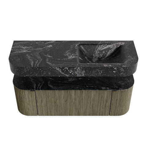 MONDIAZ THOR-DLUX 130cm meuble de salle de bains arrondi gauche + droite couleur Shadow avec 1 tiroir et 2 portes. Vasque suspendue CLOUD Droite 1 trou de robinet couleur Lava. SW1463779