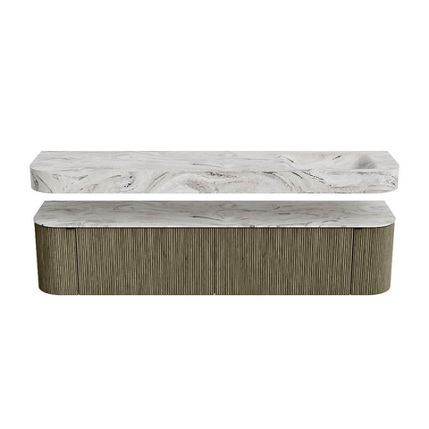 MONDIAZ THOR-DLUX 200cm meuble de salle de bains arrondi gauche + droite couleur Shadow avec 2 tiroirs et 2 portes. Vasque suspendue CLOUD Droite 1 trou de robinet couleur Glace. SW1467023