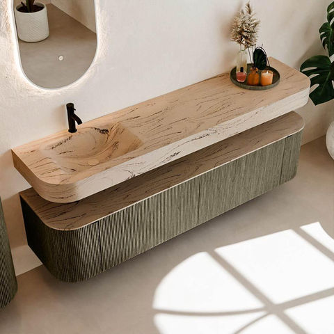 MONDIAZ THOR-DLUX Meuble de salle de bains 190cm arrondi gauche + droite couleur Shadow avec 2 tiroirs et 2 portes. Vasque suspendue CLOUD Gauche 1 trou de robinet couleur Arena. SW1466618