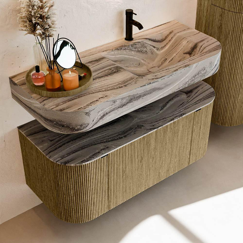 MONDIAZ THOR-DLUX 110cm meuble de salle de bains arrondi gauche + droite couleur Dusk avec 1 tiroir et 2 portes. Vasque suspendue CLOUD Droite 1 trou de robinet couleur Sombra. SW1463033