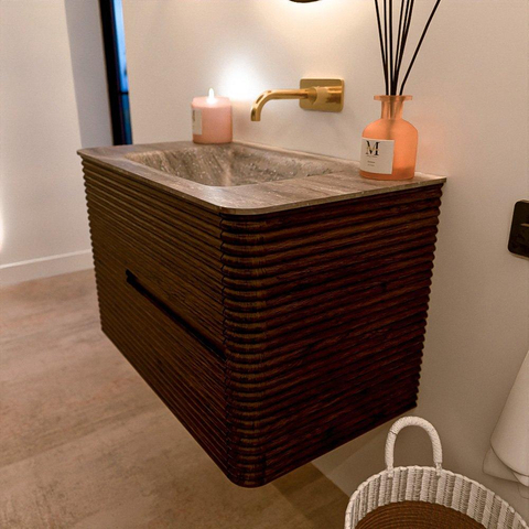 Mondiaz CIRO-DLUX Badkamermeubelset - 80x45x50cm - Solid surface wastafel Oza - 1 wasbak Midden - zonder kraangaten - 2 lades - Walnut SW1530597