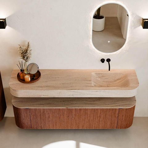MONDIAZ THOR-DLUX 170cm meuble de salle de bains arrondi gauche + droite couleur Ruby avec 1 tiroir et 2 portes. Vasque suspendue CLOUD droite sans trou de robinet couleur Saba. SW1465734