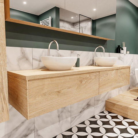 ENSEMBLE DE MEUBLE MONDIAZ LUSH - 180 cm - 2 tiroirs - lavabo BARCO - 2 lavabos - 2 trous de robinet - chêne blanchi SW409579