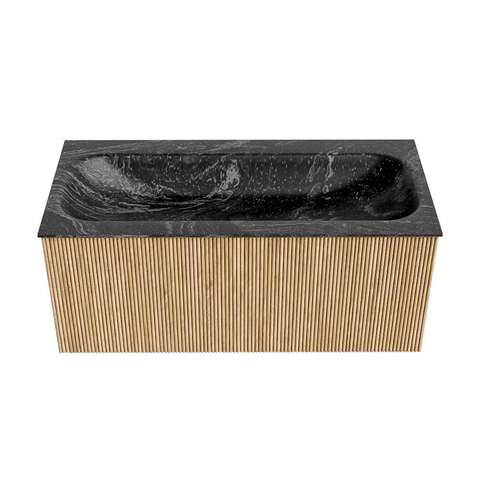 MONDIAZ KURVE-DLUX Meuble de salle de bains 100 cm couleur Oak avec 1 tiroir. Lavabo BIG MEDIUM centré sans trou de robinet couleur Lava. SW1138143