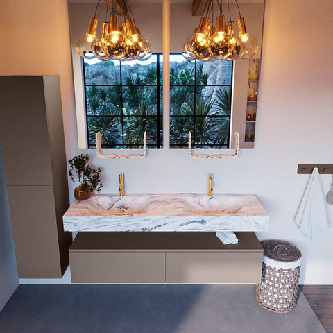 Mondiaz ALAN-DLUX Ensemble de meuble - 150cm - meuble Smoke mat - 2 tiroirs - Lavabo Cloud Glace suspendu - vasque Gauche et droite - 2 trous de robinet SW805890