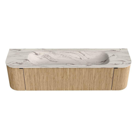 MONDIAZ KURVE-DLUX 170cm badmeubel ronding Links + Rechts kleur Oak met 1 lade en 2 deuren. Wastafel BIG LARGE Midden zonder kraangat Nata. SW1432110