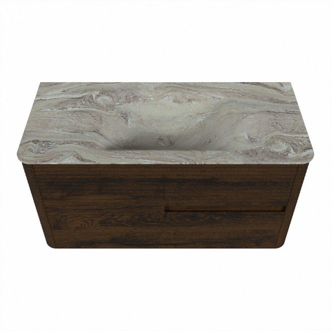 Mondiaz CIRO-DLUX Meuble de salle de bains - 100x45x50cm - Plan vasque solid surface Glace - 1 lavabo central - 1 trou de robinet - 2 tiroirs - Noyer SW1530244