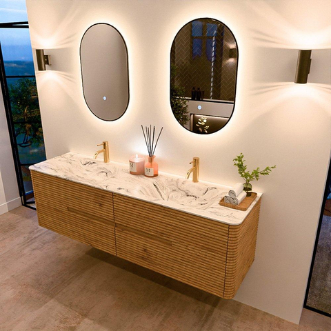 Mondiaz CIRO-DLUX Badkamermeubelset - 170x45x50cm - Solid surface wastafel Glace - 2 wasbak Dubbel - 2 kraangaten - 4 lades - Oak SW1530845