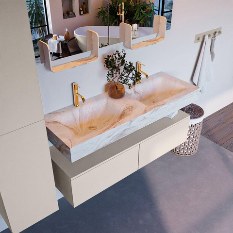 MONDIAZ ALAN - DLUX Ensemble meuble de salle de bains - 130cm - meuble sous-vasque - Linen - 2 tiroirs - lavabo suspendu - 2 vasques - 2 trous de robinet - Frappe SW804779