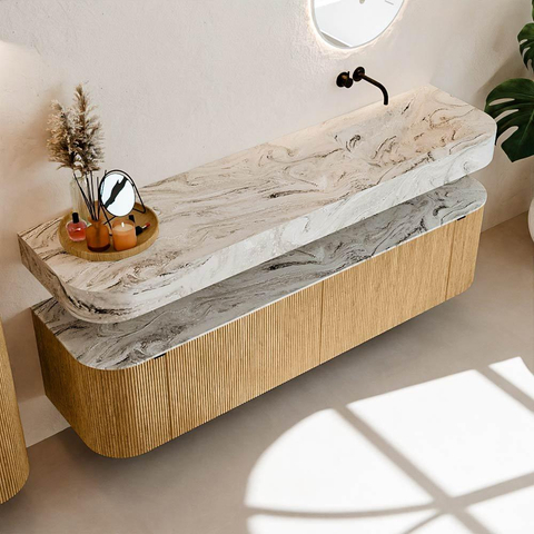 MONDIAZ THOR-DLUX 180cm badmeubel ronding links + rechts kleur Oak met 2 lades en 2 deuren. Vrijhangende wastafel CLOUD Rechts zonder kraangat kleur Glace. SW1465911