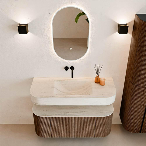 MONDIAZ THOR-DLUX 110cm meuble de salle de bains arrondi gauche + droite couleur Walnut avec 1 tiroir et 2 portes. Vasque suspendue CLOUD Milieu sans trou de robinet couleur Meli. SW1462915