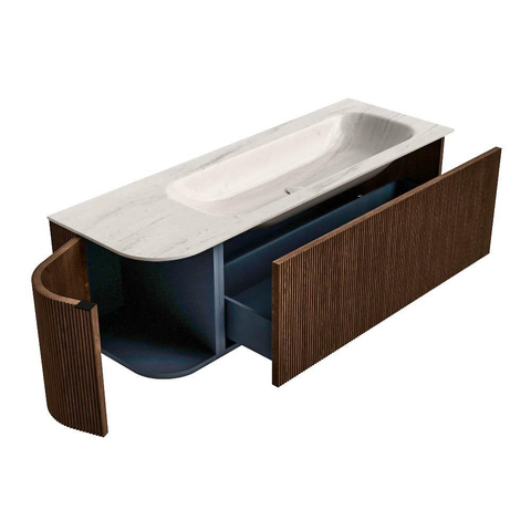 MONDIAZ KURVE-DLUX 135cm badmeubel ronding Links kleur Walnut met 1 lade en 1 deur. Wastafel BIG MEDIUM Rechts zonder kraangat Meli. SW1431704