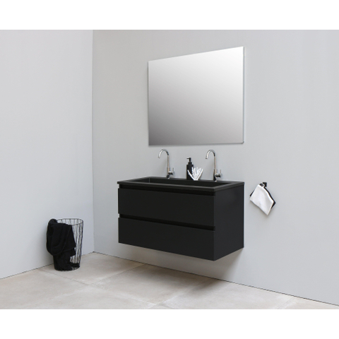 Basic Bella Meuble salle de bains avec lavabo acrylique Noir avec miroir 100x55x46cm 2 trous de robinet Noir mat SW491867