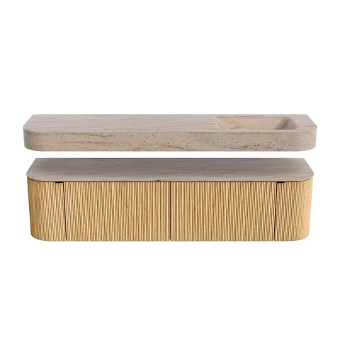 MONDIAZ THOR-DLUX 180cm meuble de salle de bains arrondi gauche + droite couleur Oak avec 2 tiroirs et 2 portes. Vasque suspendue CLOUD Droite 1 trou de robinet couleur Saba. SW1466326