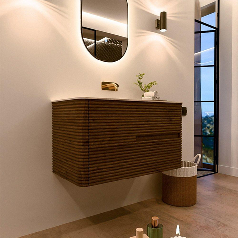 Mondiaz CIRO-DLUX Badkamermeubelset - 90x45x50cm - Solid surface wastafel Meli - 1 wasbak Midden - zonder kraangaten - 2 lades - Dusk SW1533134