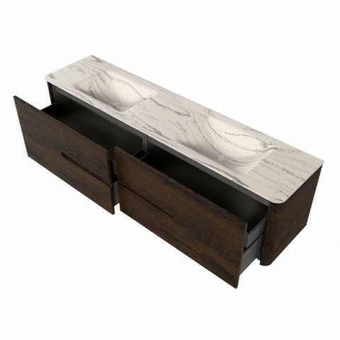 Mondiaz CIRO-DLUX Badkamermeubelset - 190x45x50cm - Solid surface wastafel Nata - 2 wasbak Dubbel - 2 kraangaten - 4 lades - Walnut SW1530691