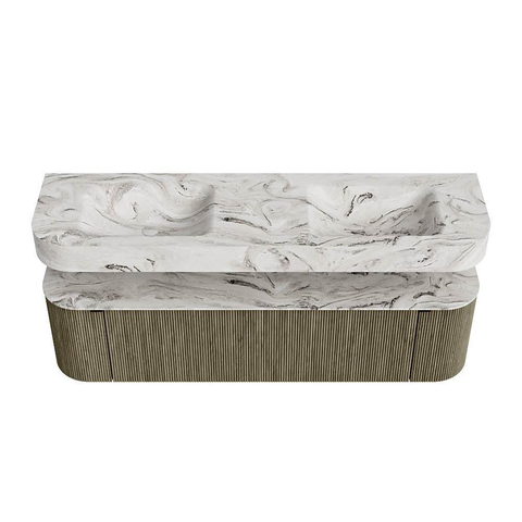 MONDIAZ THOR-DLUX Meuble de salle de bains - 170cm - arrondi gauche + droite - couleur Shadow - 1 tiroir - 2 portes - Vasque suspendue CLOUD Double sans trou de robinet - couleur Glace SW1465530