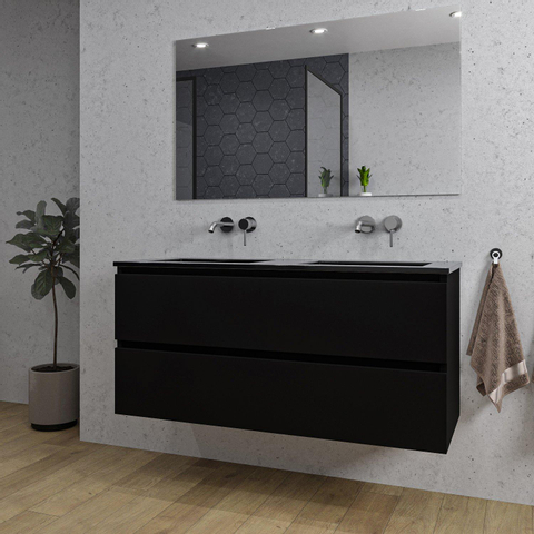 Saniclass Chaci Meuble de salle de bain - 120x46x55cm - lavabo en céramique noir - 2 vasques - sans trous de robinet - 2 tiroirs - miroir rectangulaire - noir mat SW816585