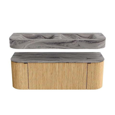 MONDIAZ THOR-DLUX 130cm badmeubel ronding links + rechts kleur Oak met 1 lade en 2 deuren. Vrijhangende wastafel CLOUD Dubbel zonder kraangat kleur Sombra. SW1464107