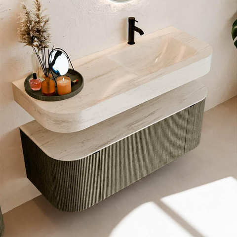 MONDIAZ THOR-DLUX 120cm meuble de salle de bains arrondi gauche + droite couleur Shadow avec 1 tiroir et 2 portes. Vasque suspendue CLOUD Droite 1 trou de robinet couleur Meli. SW1463334