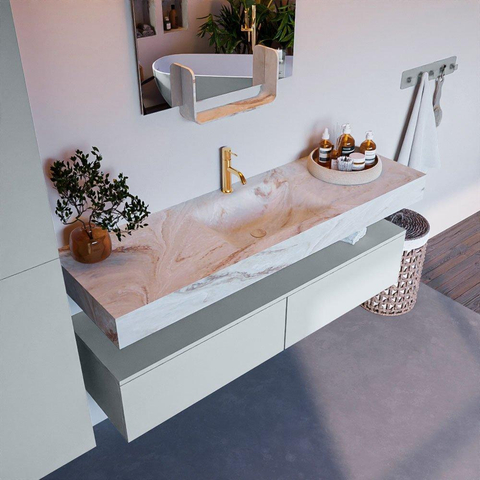 Mondiaz ALAN-DLUX Ensemble de meuble - 150cm - meuble Clay mat - 2 tiroirs - Lavabo Cloud Frappe suspendu - vasque Centre - 1 trou de robinet SW804840