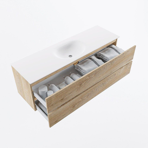 MONDIAZ VICA meuble sous lavabo 150cm Chêne blanchi 2 tiroirs. Lavabo MOON central sans trou de robinet, couleur Talc. SW1381881