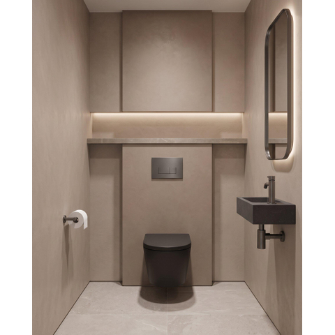 QeramiQ Dely Toiletset - 36.3x51.7cm - diepspoel - rimless - Geberit UP320 inbouwreservoir - softclose toilet zitting - 35mm - gunmetal bedieningsplaat - rechthoekige knoppen - mat zwart SW1235421