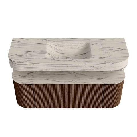 MONDIAZ THOR-DLUX 130cm badmeubel ronding links + rechts kleur Walnut met 1 lade en 2 deuren. Vrijhangende wastafel CLOUD Midden 1 kraangat kleur Nata. SW1463839
