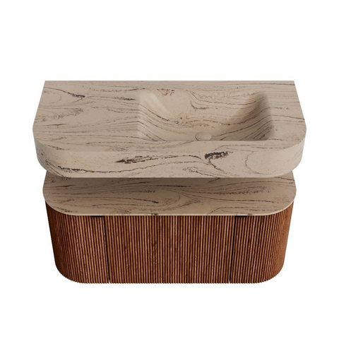 MONDIAZ THOR-DLUX 100cm meuble de salle de bains arrondi gauche + droite couleur Ruby avec 1 tiroir et 2 portes. Vasque suspendue CLOUD Droite 1 trou de robinet couleur Arena. SW1467462