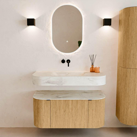 MONDIAZ THOR-DLUX 100cm badmeubel ronding links + rechts kleur Oak met 1 lade en 2 deuren. Vrijhangende wastafel CLOUD Midden zonder kraangat kleur Ostra. SW1467323