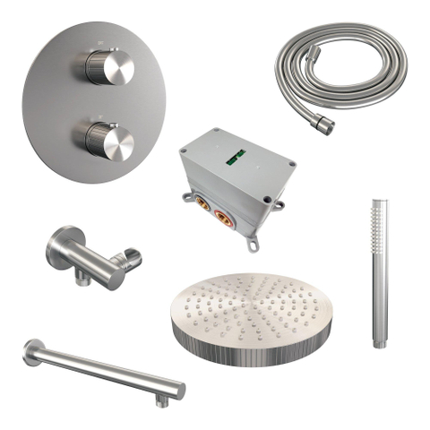 BRAUER Stripe Douche de tête thermostatique encastrée - 3 voies - ronde - SET 37 - pomme de douche 25cm - bras mural droit - douchette sur barre - flexible de douche - coude de raccordement mural - finition PVD brossée couleur inox SW1435080