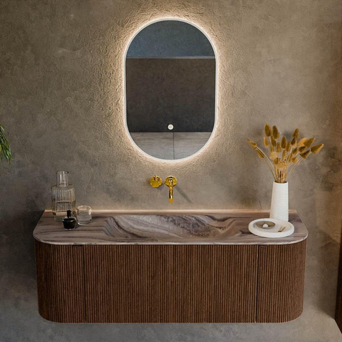 MONDIAZ KURVE-DLUX 130cm badmeubel ronding Links + Rechts kleur Walnut met 1 lade en 2 deuren. Wastafel BIG SMALL Midden zonder kraangat Sombra. SW1433651