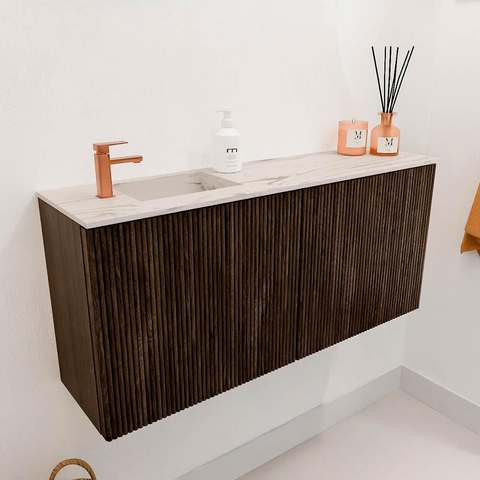 Mondiaz JOYA-DLUX 90cm toiletmeubel - kleur Walnut - Wastafel FAYE positie Links 1 kraangat kleur Nata. SW1424504