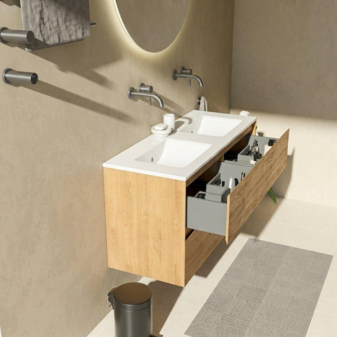 Saniclass Holz Pure Badkamermeubelset - 120x45x62cm - Vygo keramische wastafel wit - 2 wasbakken - zonder kraangaten - 4 lades - mat eiken natural (hout) SW1437770