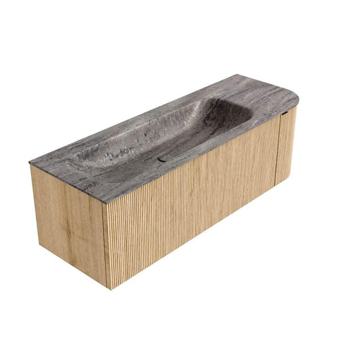 MONDIAZ KURVE-DLUX meuble de salle de bains 135cm courbure Droite couleur chêne avec 1 tiroir et 1 porte. Vasque BIG MEDIUM Gauche sans trou de robinetterie Oza. SW1432652