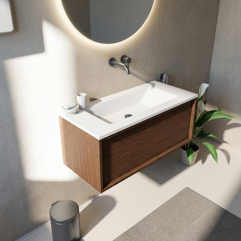 Saniclass Holz Frame Badkamermeubelset - 100x45x57.5cm - Torino solid surface wastafel wit - zonder kraangat - 1 lade - mat walnut pure (hout) SW1478661