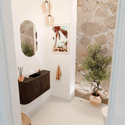 Mondiaz JOYA Meuble de salle de bains 83,2cm - arrondis gauche et droite couleur Walnut - Vasque FAYE position Milieu 1 trou de robinet couleur Urban SW1421364