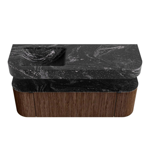 MONDIAZ THOR-DLUX 140cm meuble de salle de bains arrondi gauche + droite couleur Walnut avec 1 tiroir et 2 portes. Vasque suspendue CLOUD gauche 1 trou de robinet couleur Lava. SW1463971