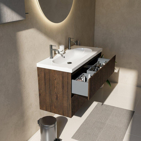 Saniclass Holz Atelier Ensemble meuble de salle de bains - 100x45x63.5cm - lavabo en céramique Palermo blanc - 1 vasque - 2 trous de robinetterie - 2 tiroirs - chêne charcoal mat (bois) SW1478621