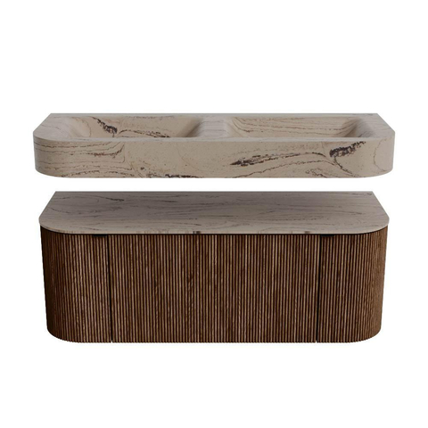 MONDIAZ THOR-DLUX 120cm meuble de salle de bains arrondi gauche + droite couleur Walnut avec 1 tiroir et 2 portes. Vasque suspendue CLOUD Double sans trou de robinet couleur Arena. SW1463446
