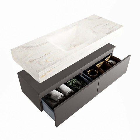 Mondiaz ALAN-DLUX Ensemble de meuble - 120cm - meuble Dark grey mat - 2 tiroirs - Lavabo Cloud Ostra suspendu - vasque Centre - 1 trou de robinet SW807301